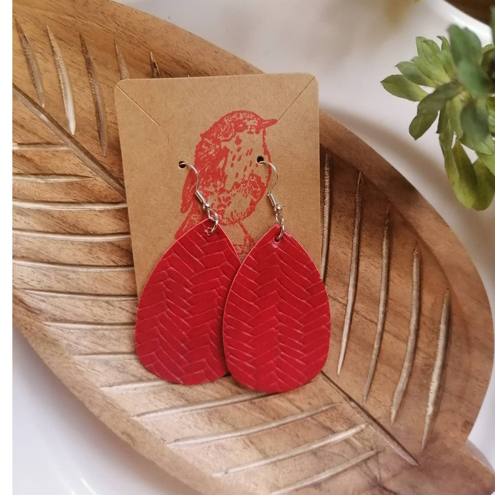 Faux Leather Red Braided Textured Dangle Teardrop Earrings
